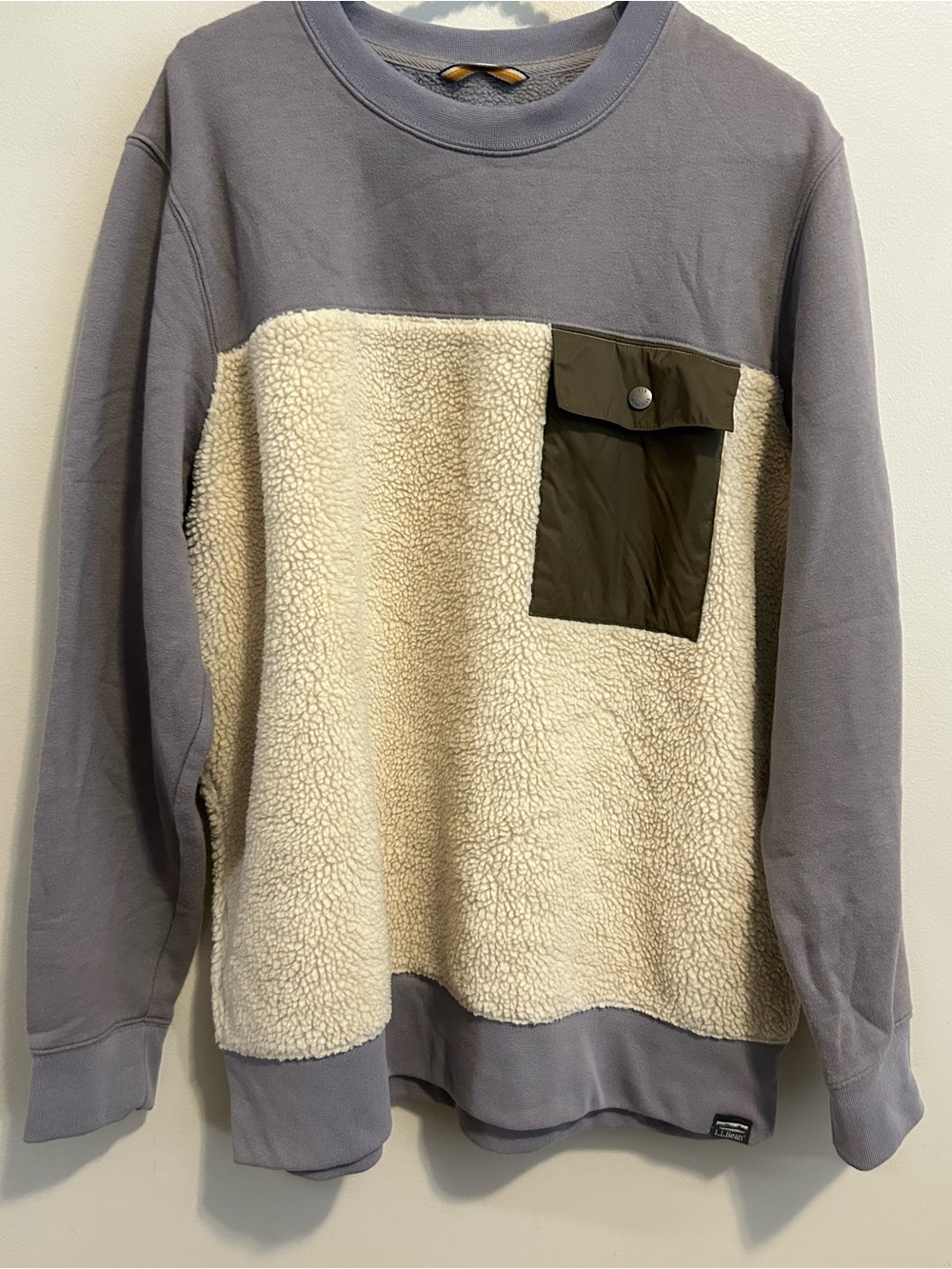 LL Bean Signature Sherpa Fleece Panel Colorblock Crewneck Slim Fit Sweatshirt L